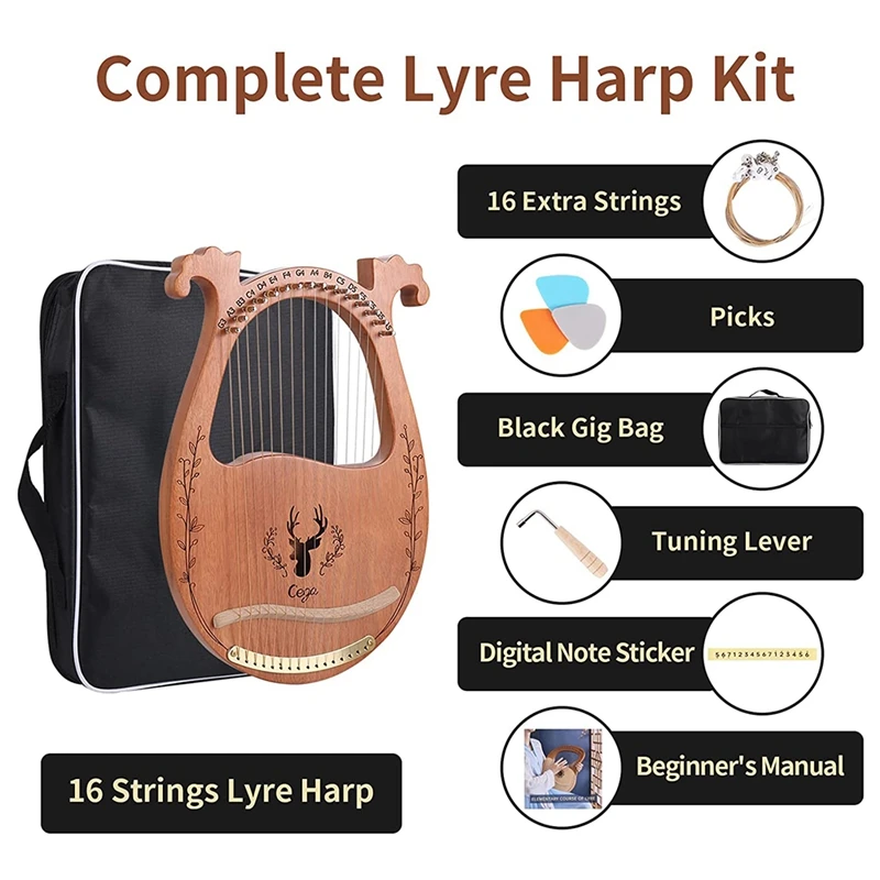 

Lyre Harp,16 Strings Mahogany Acoustic Harp With Extra Strings, Picks, Tuning Lever,Gig Bag, Beginner's Manual For Lyre