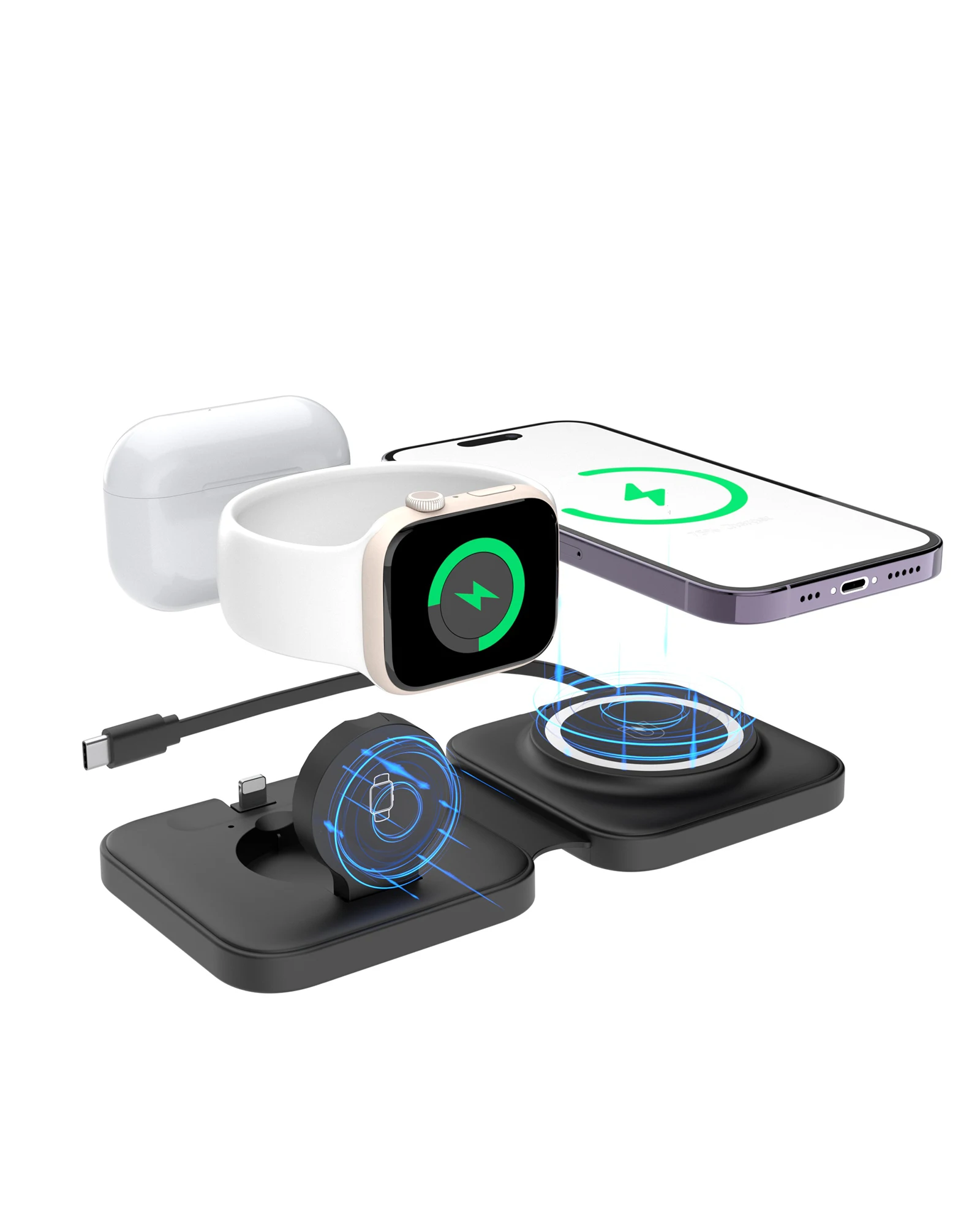 

Hasbagan Magsafe 3 in 1 15W Foldable Wireless Charging Foldable Travel Wireless Charger Pad For Apple Watch Airpods Iphone