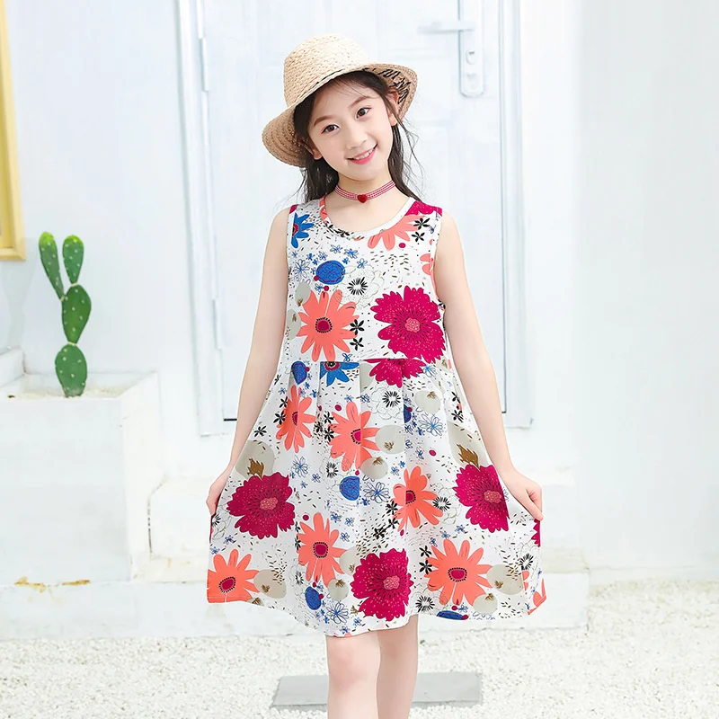 

2022 new summer children clothing big flower princess dress elegant girl fashion printing sleeveless frocks kids costume clothes
