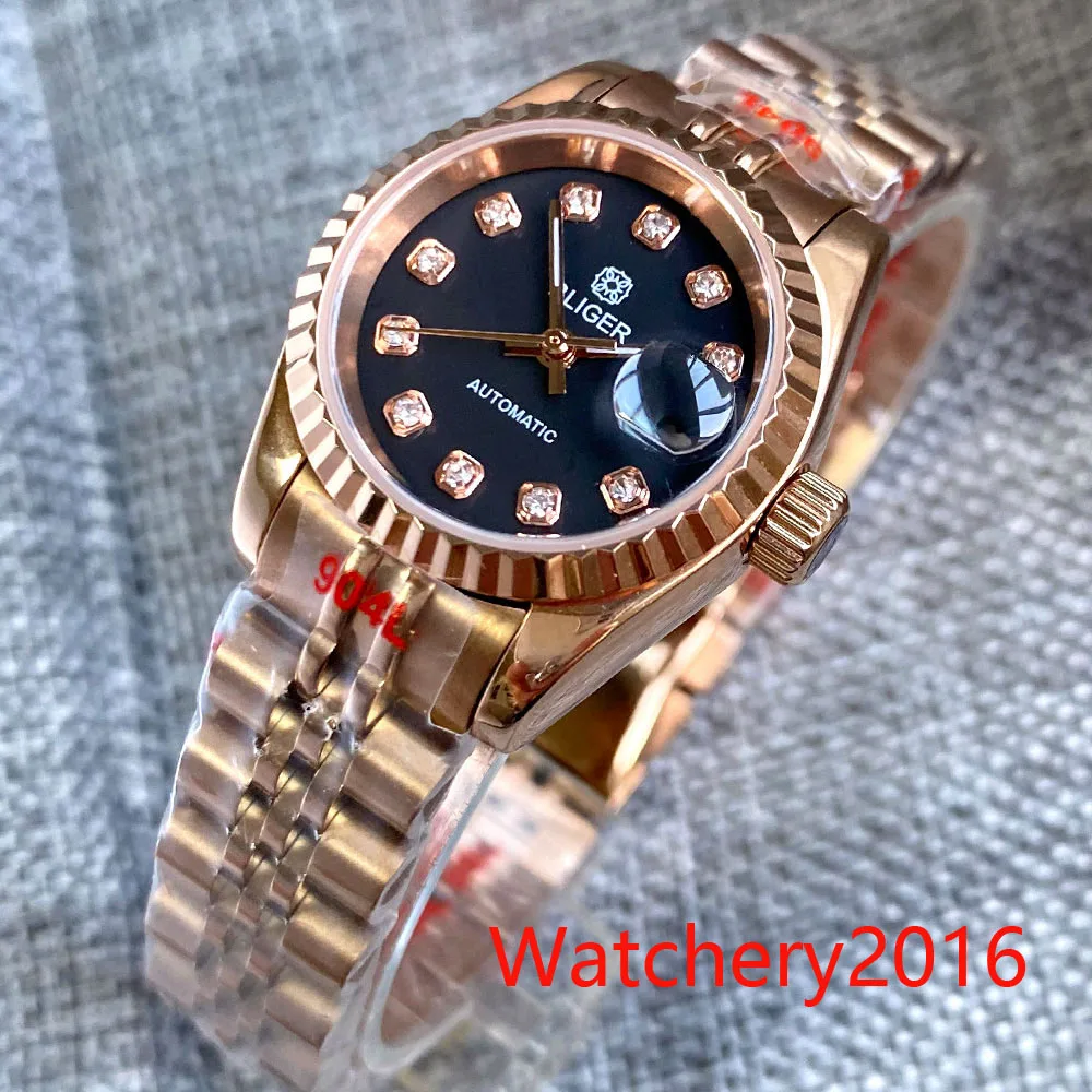 

26mm Rose Gold Plated Coin Bezel Small lady Watch Sapphire Glass Black Dial Jewels NH05 Date Bracelet Watch