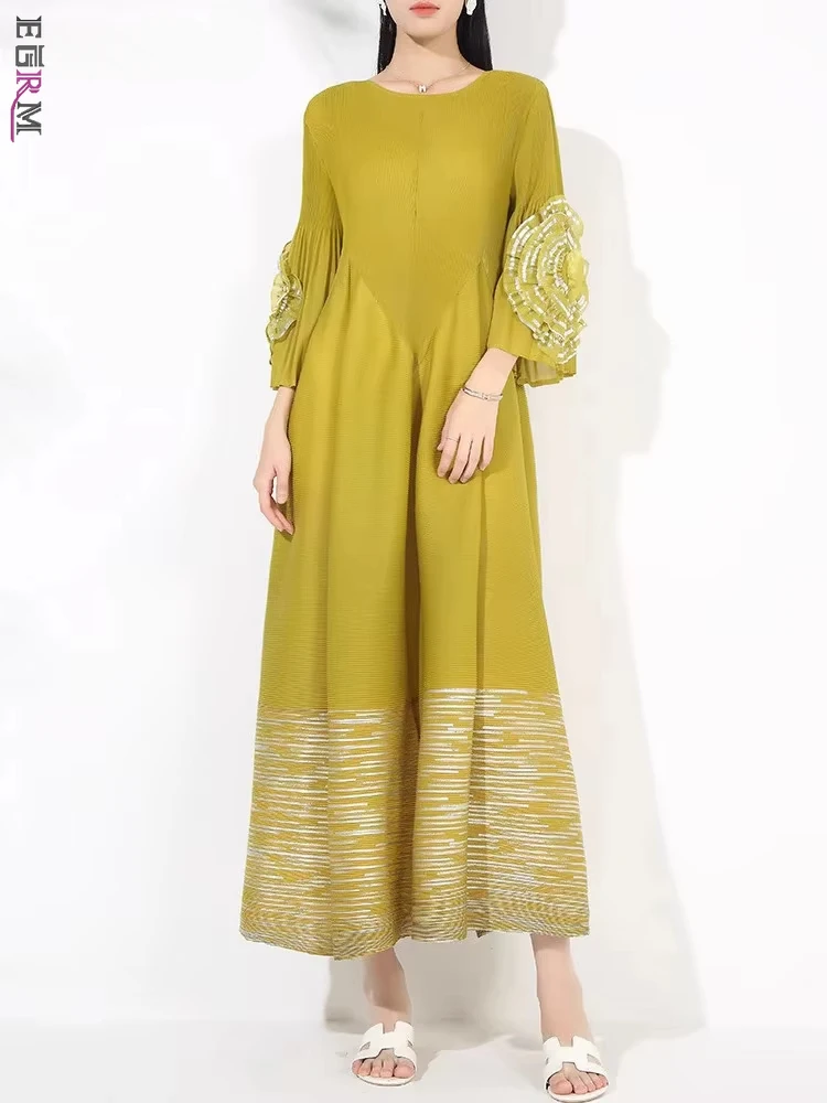 EGRM осеннее модное плиссированное платье 3D Цветы рукава-фонарики для женщин