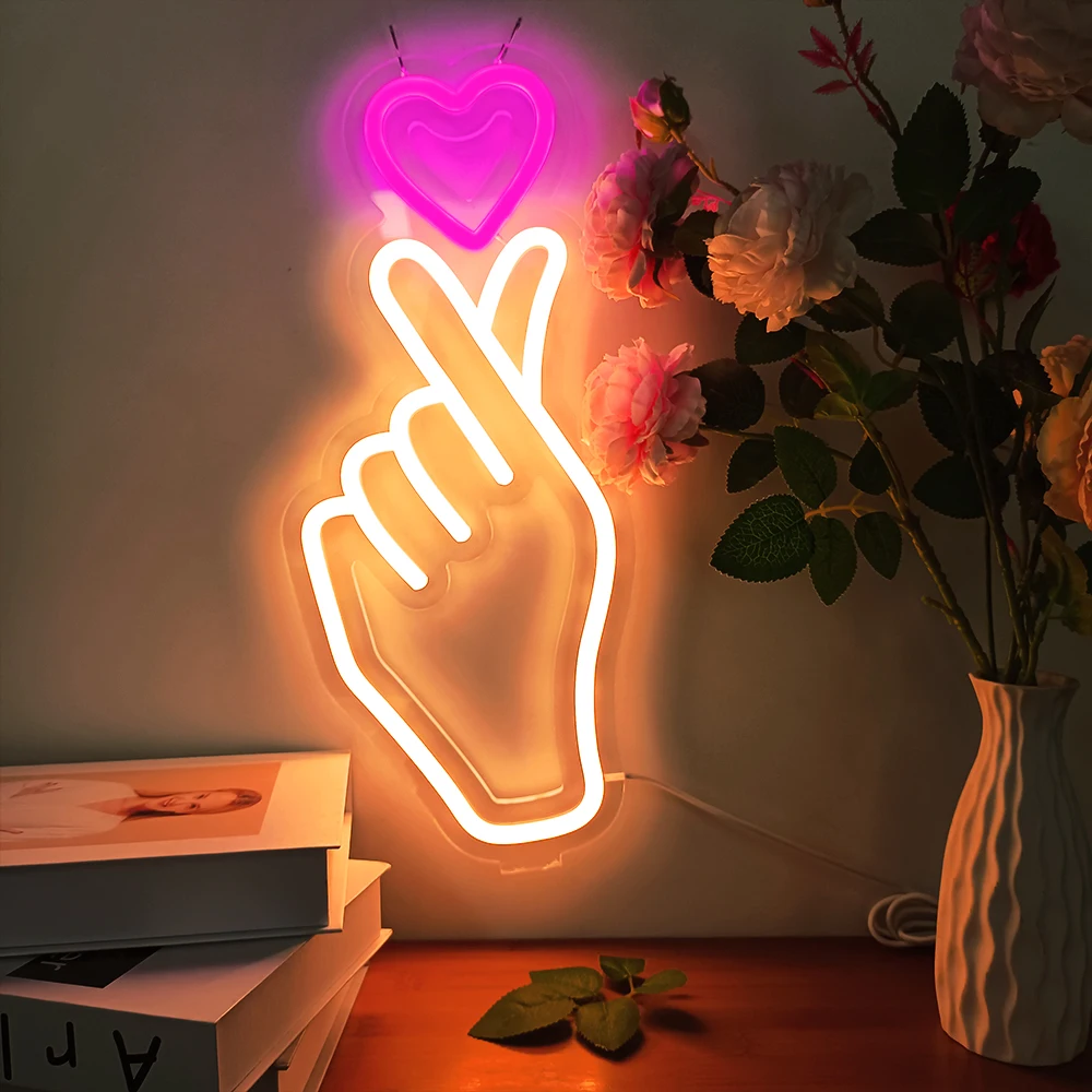 Heart Shape with Finger Neon Sign Wall Hanging Light for Wedding Bedroom Home Party Bar USB Powered Valentine's Day Decor