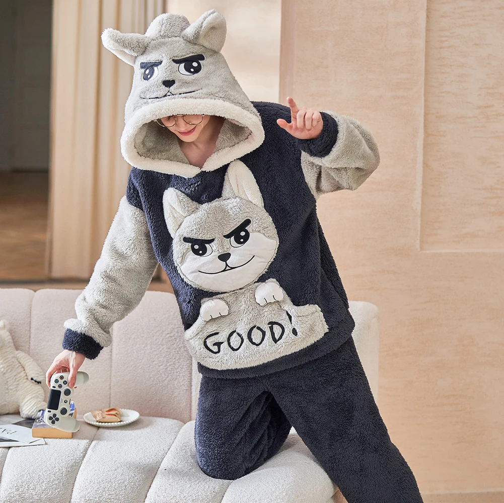 QUHENG Winter Pajamas for Men 2022 Flannel Large Size 5XL Thick Warm Cartoon Nightwear Adult with Hood Men Pajamas Lounge Set