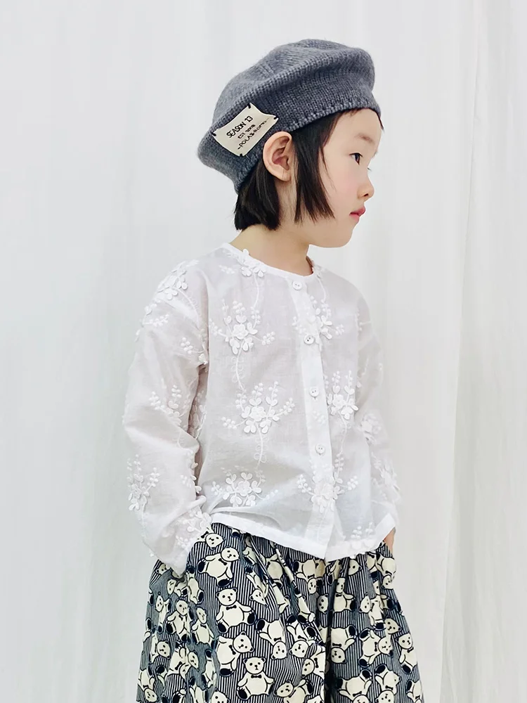 

Оригинальный дизайнерский кардиган Imakokoni с длинным рукавом, рубашка с круглым вырезом, белое детское платье, цветочное украшение для девоче...