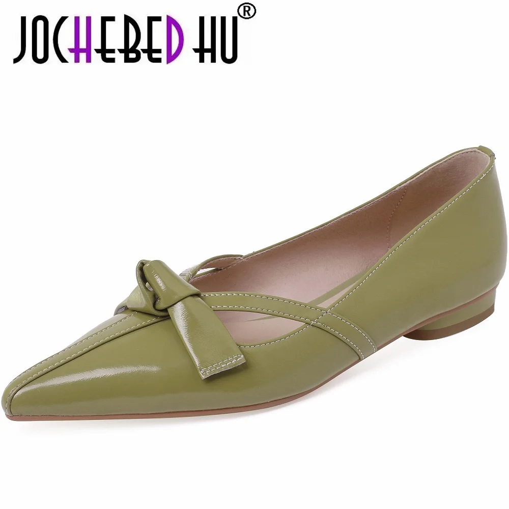 

【JOCHEBED HU】Women Brand Genuine Leather Pointed Toe Flat Low Heels Pumps Elegant Pleated Ballet Pretty Girl Party Shoes 33-40