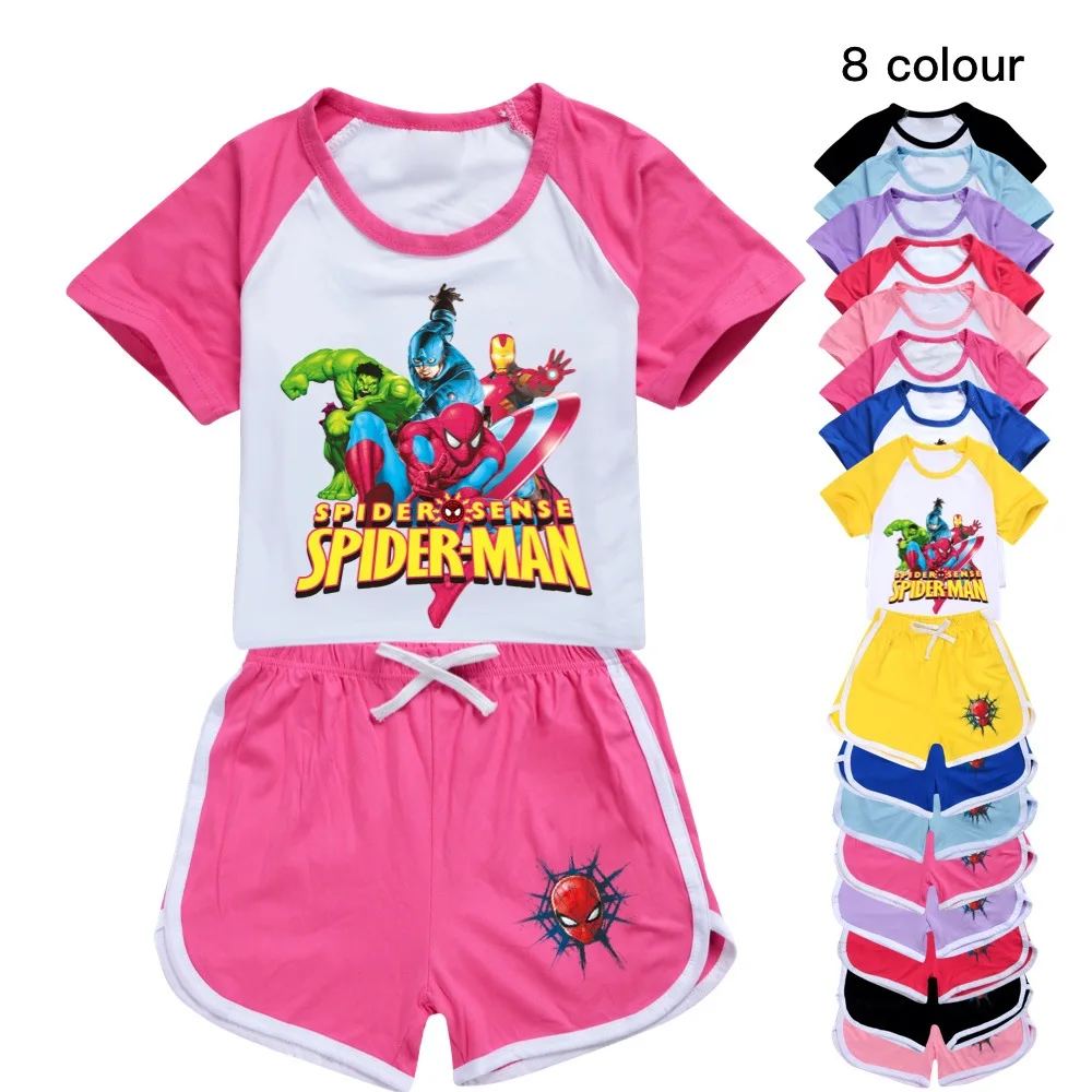 

2022 Summer Kids Spiderman T-Shirt 2 Piece Tracksuit Short Sleeve + Shorts Set Street Style Streetwear Boys Girls Suits2-16