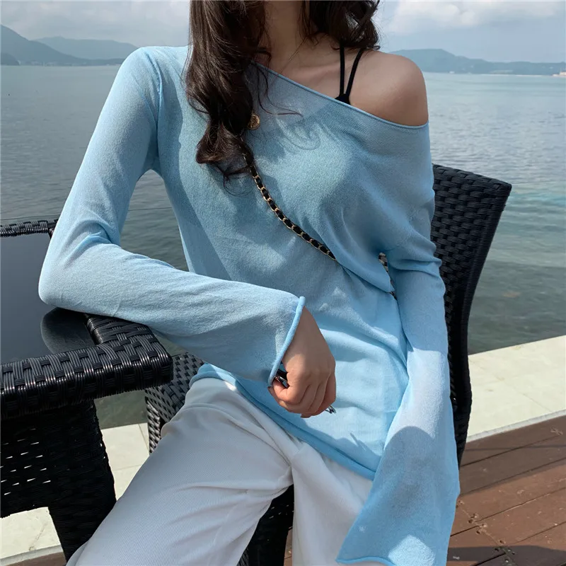 

Women Chic Candy Colour Summer Leisure Knitting Tops Casual Round Neck Long Sleeve Sexy Sunscreen T-shirts Loose Clothes Female