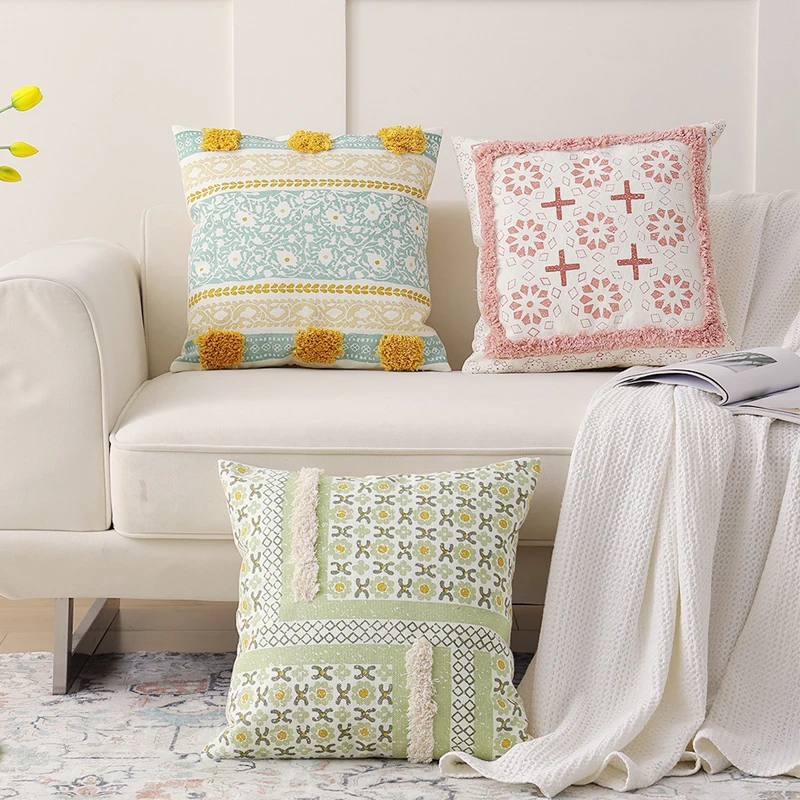

Boho Style Cushion Cover 45x45cm Cotton Woven Tufted Printed Pillow Cover Green Home decoration Sofa Bed Living Room Bed Chair