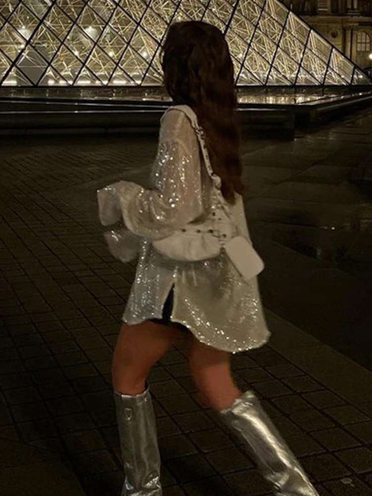 Блузка с блестками рубашки длинным рукавом топ на пуговицах рубашка Y2K винтажная