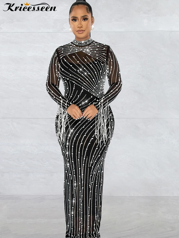 

Kricesseen Sparkle Black Pearl Rhinestones Fringe Sleeve Mesh Dress Glam Mock Neck See-Through Crystal Night Dress Sexy Clubwear