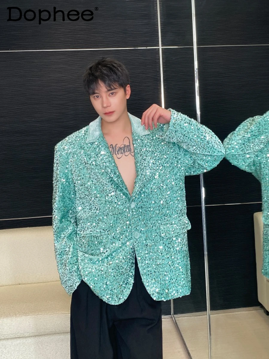 Роскошный костюм с блестками мужской модный стеганый на плечах