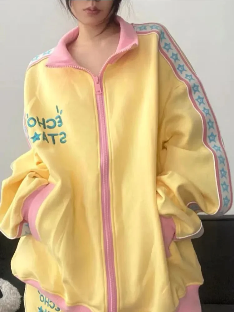 

Женская винтажная куртка на молнии Y2K, спортивная куртка большого размера в стиле Харадзюку и кпоп с вышивкой, Корейская Повседневная куртка для колледжа