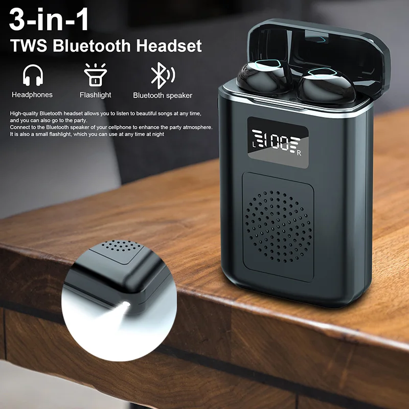 

3 in1 TWS Wireless Bluetooth Headphones Sport Earbuds 4000mAh Digital Charge Box 9D Stereo Waterproof Headset Flashlight Speaker