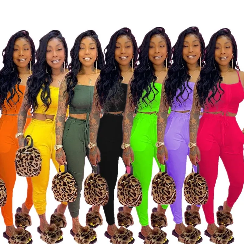 

10PCS Bulk Items Wholesale Lots 2022 Summer Women Clothing Two Piece Outfits Strap Crop Tops and Pants Lounge Wear Matching Sets