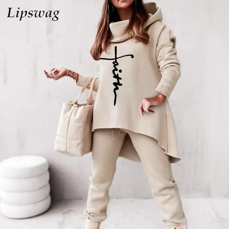 

Fashion Loose Hooded Hoodies Tracksuit Casual Long Sleeve Sweatshirt And Drawstring Pants Outfits Autumn Winter Print Women Sets
