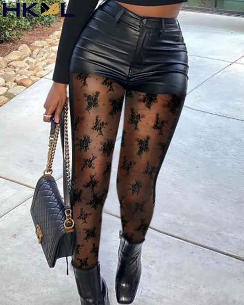 

2022 Spring New PU Leather Women High Waist Contrast Mesh Buttoned Trousers Femme Sexy Skinny Pants