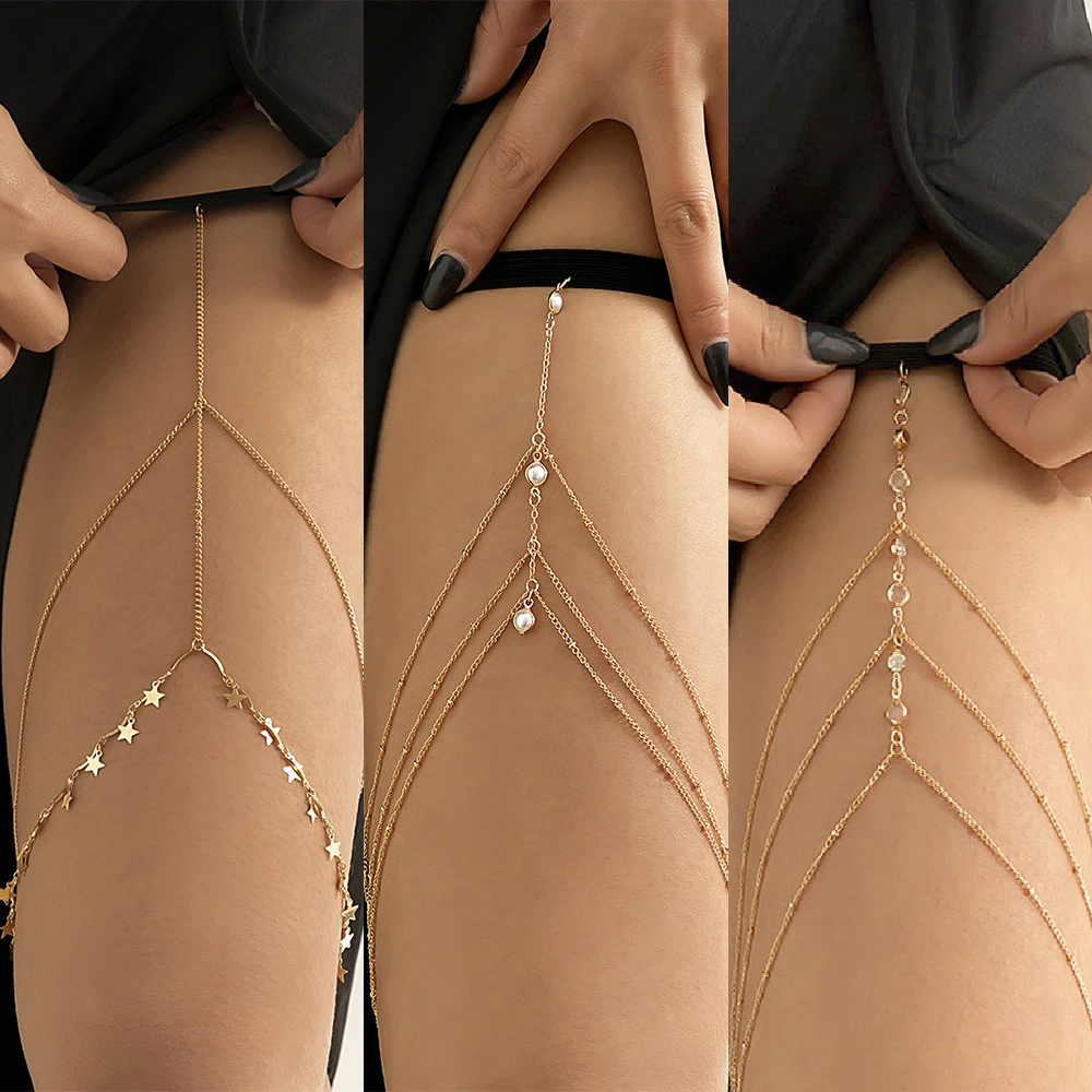 

Sexy Multi-layer Thigh Chain Body Jewelry for Women Girl lastic Force Star Pearl Crystal Pendant Leg Chain Summer Beach Accessor