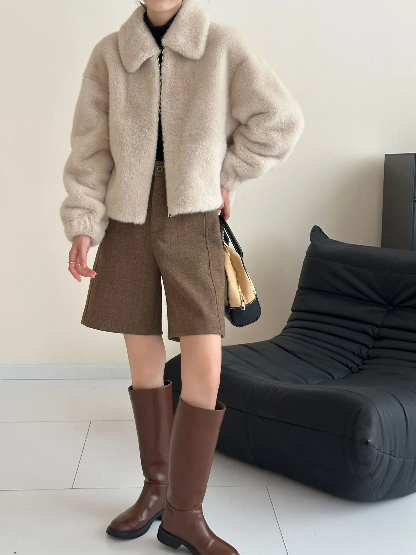 Однотонное благородное пальто с лацканами из искусственной норки на молнии Sherran