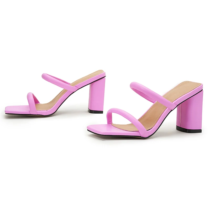 NIUFUNI Solid Color Hollow Straps Thick Heel Women Slippers Square Toe Open Toe Simple Slides Summer Fashion Dress Shoes Street