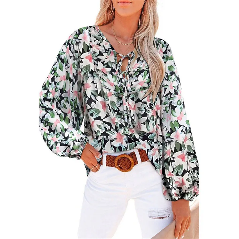 

Autumn Long Sleeve V-Neck Bandage Blouse Women Boho Floral Casual Shirt 2022 New Elegant Lady Blouse Fashion Street Clothing