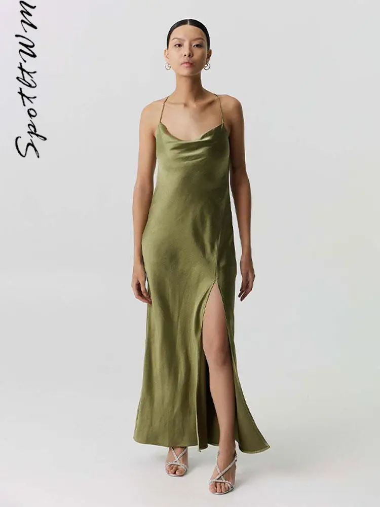 

Женское атласное облегающее платье, однотонное Привлекательное платье на бретелях-спагетти, с вырезом лодочкой, без рукавов, с открытой спиной, летняя мода, уличное платье с разрезом