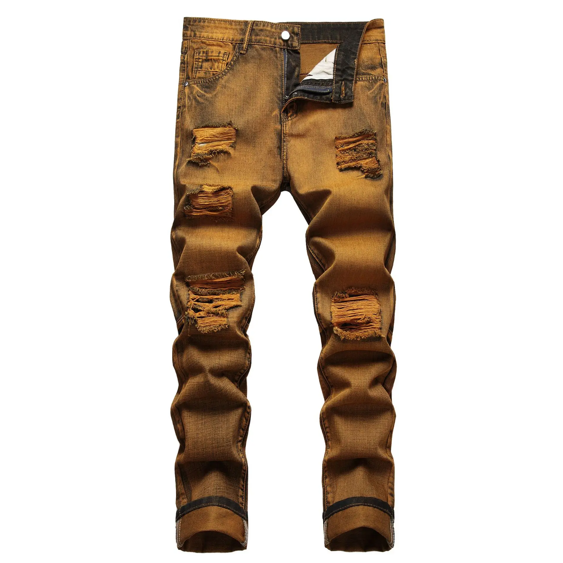 

Fashion Mens Vintage Ripped Jeans Cotton Casual Straight Denim Pants High Quality Slim Stretch Jeans Hip Hop Man