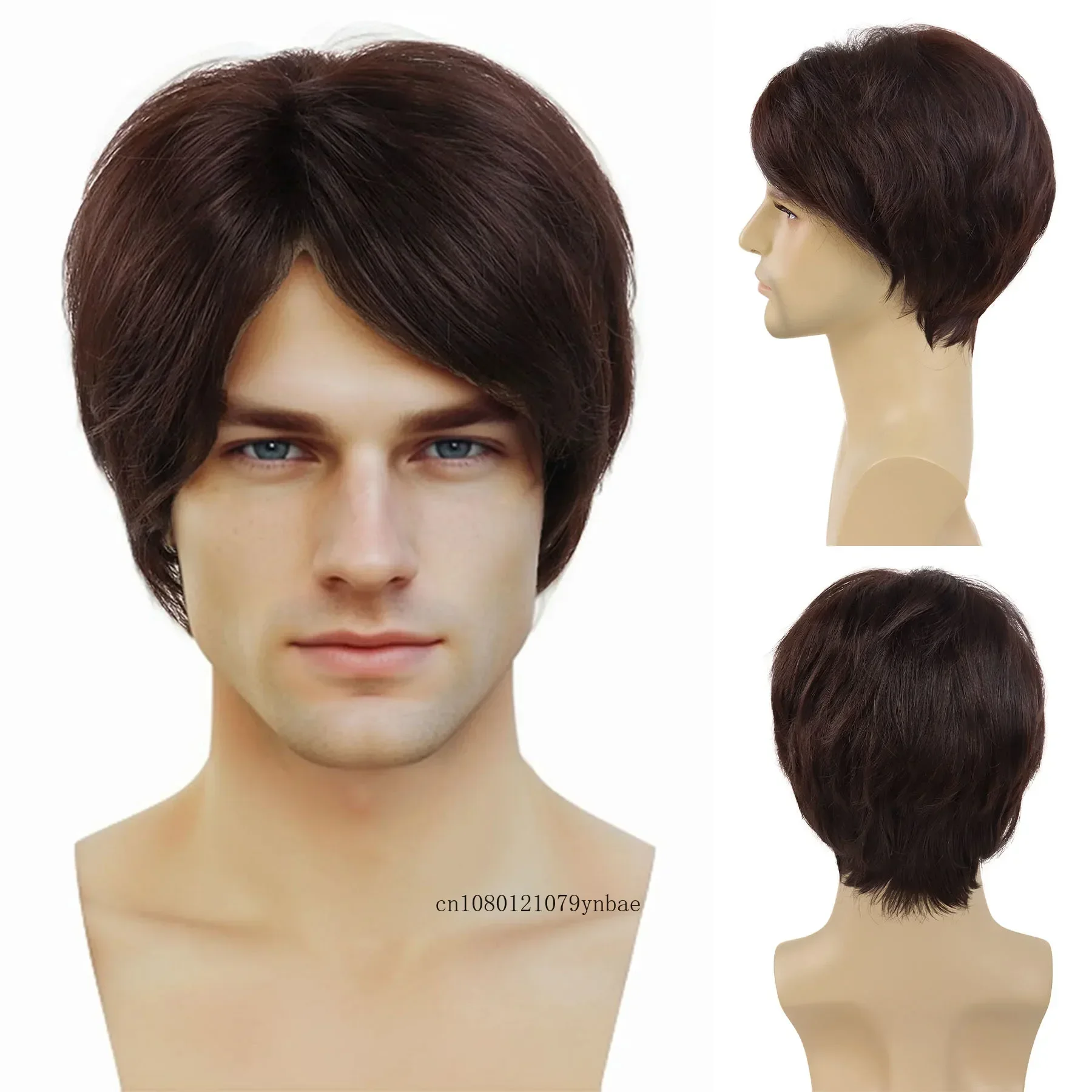 Мужские короткие прямые парики из синтетических волос коричневый парик с челкой