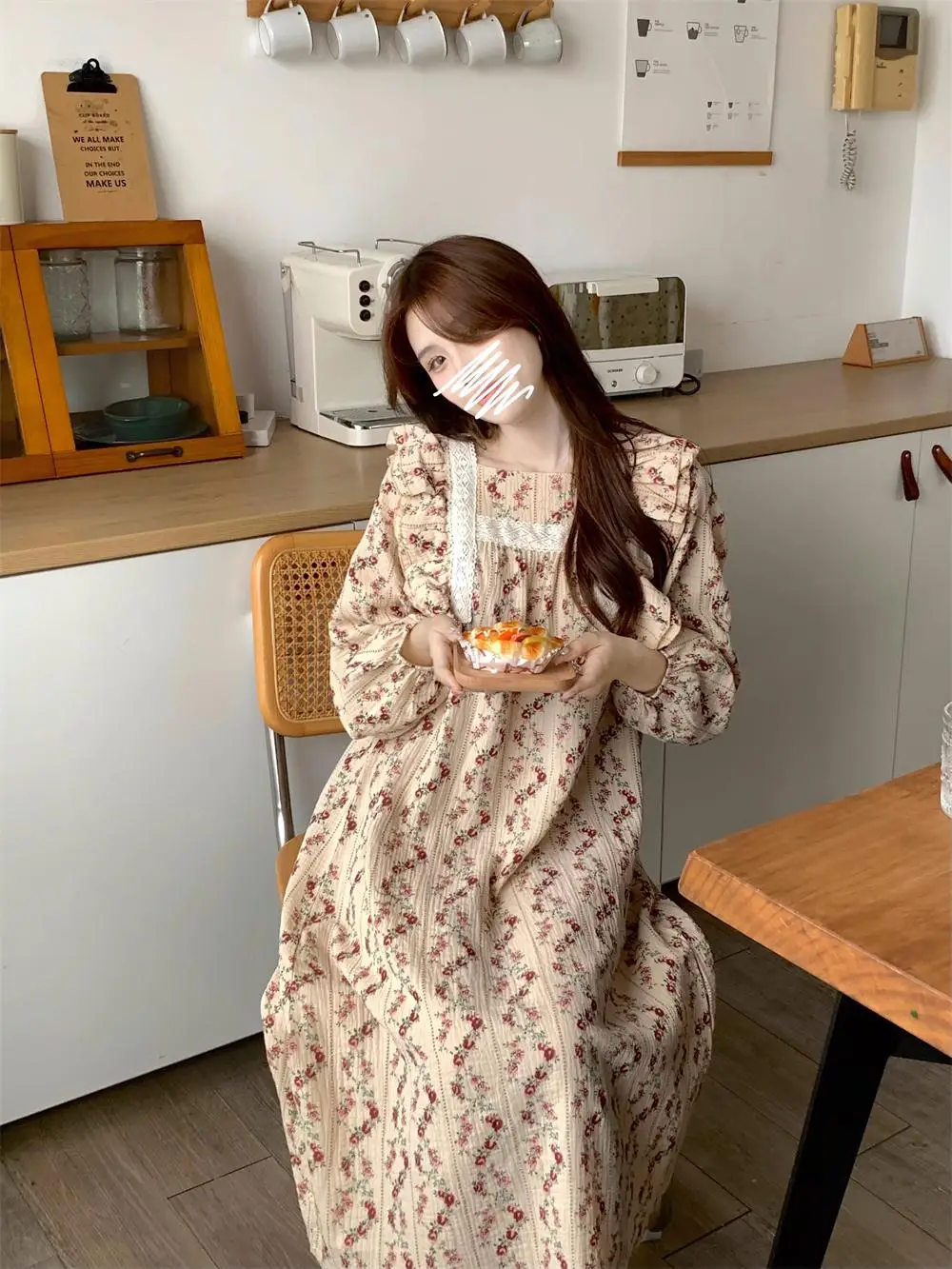 Vintage Floral Print Autumn Nightgown Women Square Collar Long Sleepwear Cotton Casual Night Dress Loose Long Sleeve Homewear