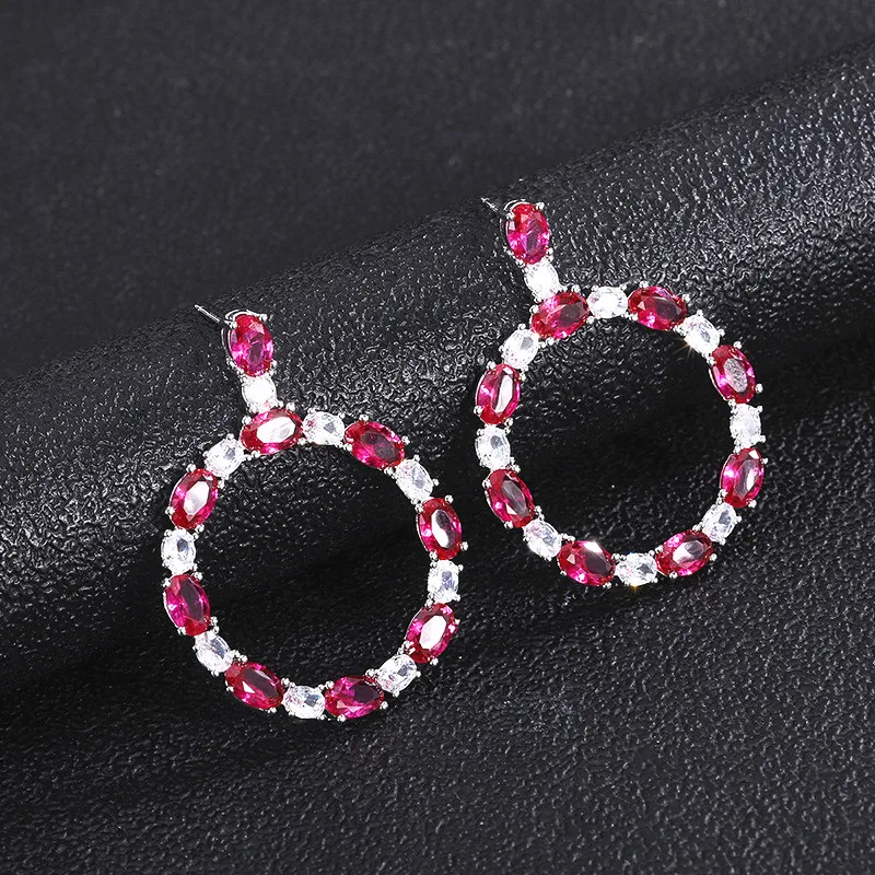 

Fashion Red Green Cubic Zirconia Earrings for Women Copper Round Circle Pendent Earring Female Vintage Party Jewelry Eardrop