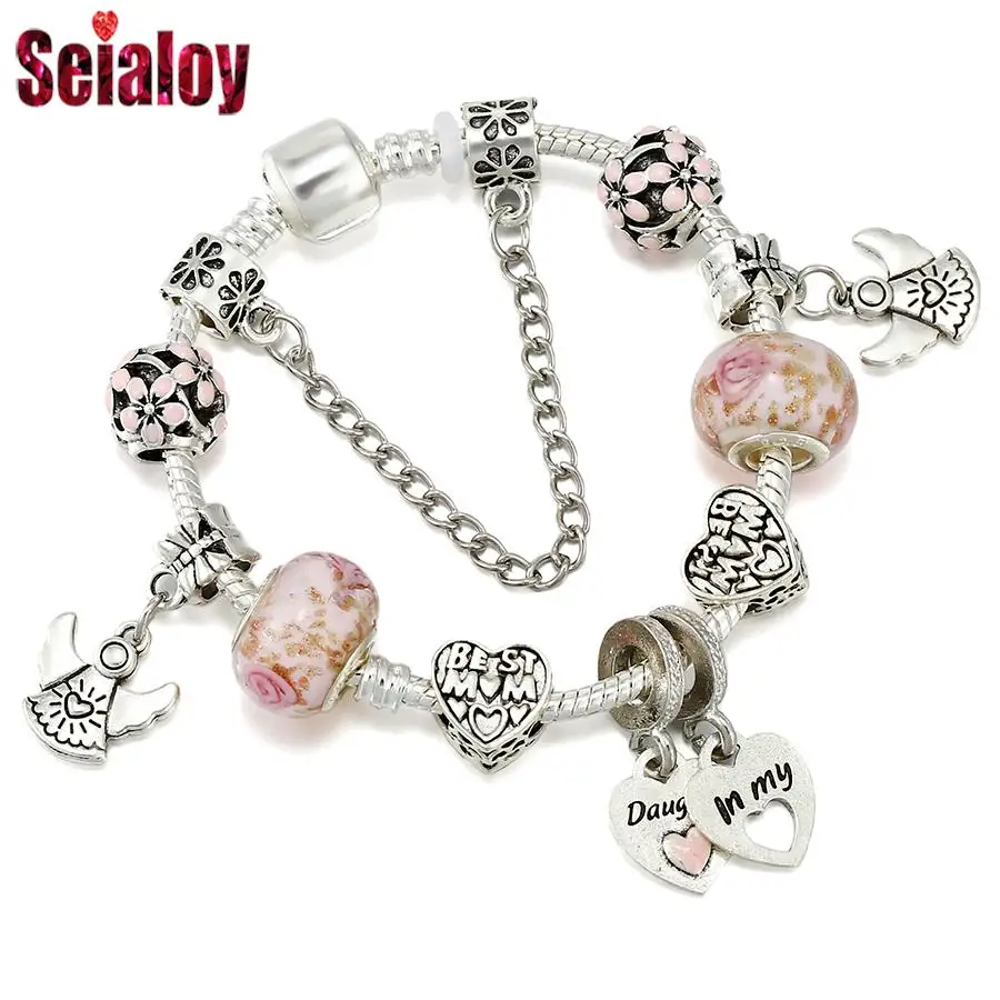 Seialoy новый розовый цветок сердце бисер ангел браслеты-подвески для женщин мода DIY