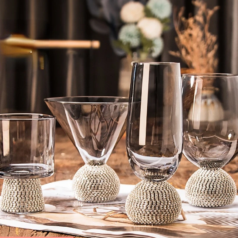 

European-style Diamond Goblet Crystal Diamond-wrapped Glass with Handle, Chicken Tail Cup, Pot-bellied Diamond-encrusted Glasses