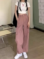 womens spring summer loose cargo pants casual streetwear high waist pockets wide leg pants lady pink loose trousers