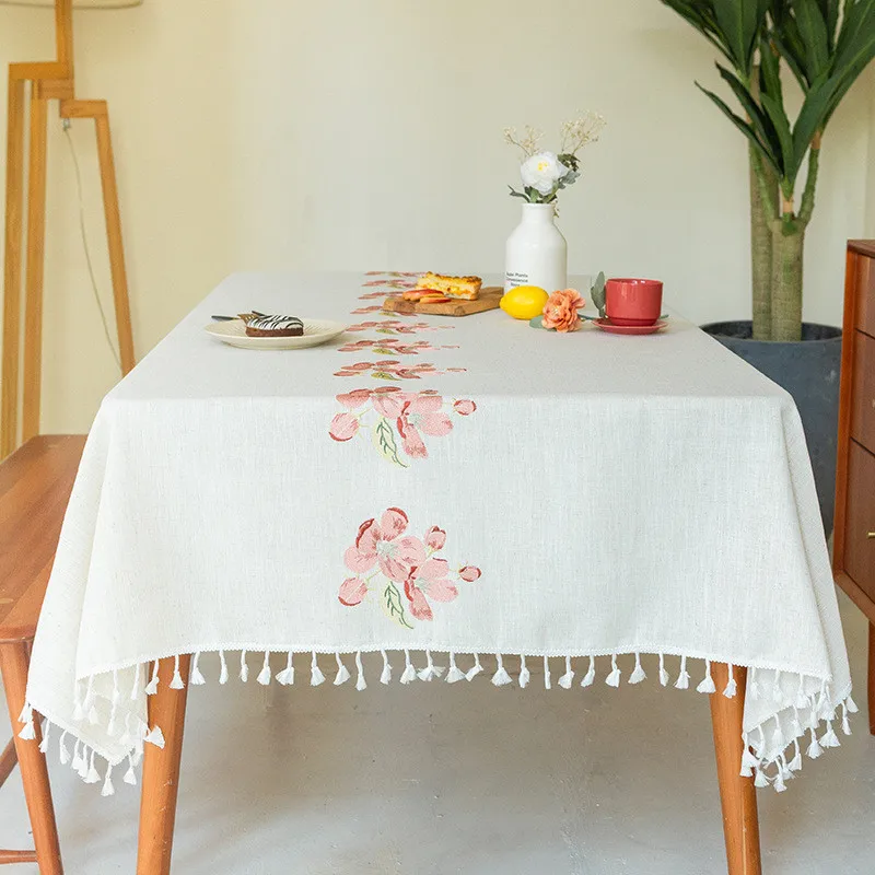 

Fashion Hot Sale embroidery color long Flower Designjacquard tablecloth Rural table cloth tablecloth end table mat cotton linen