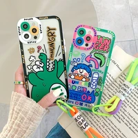 korea cute graffiti label tide crocodile case for iphone 13 12 11 pro max mini xs x 7 8 plus xr se soft cover with hand strap