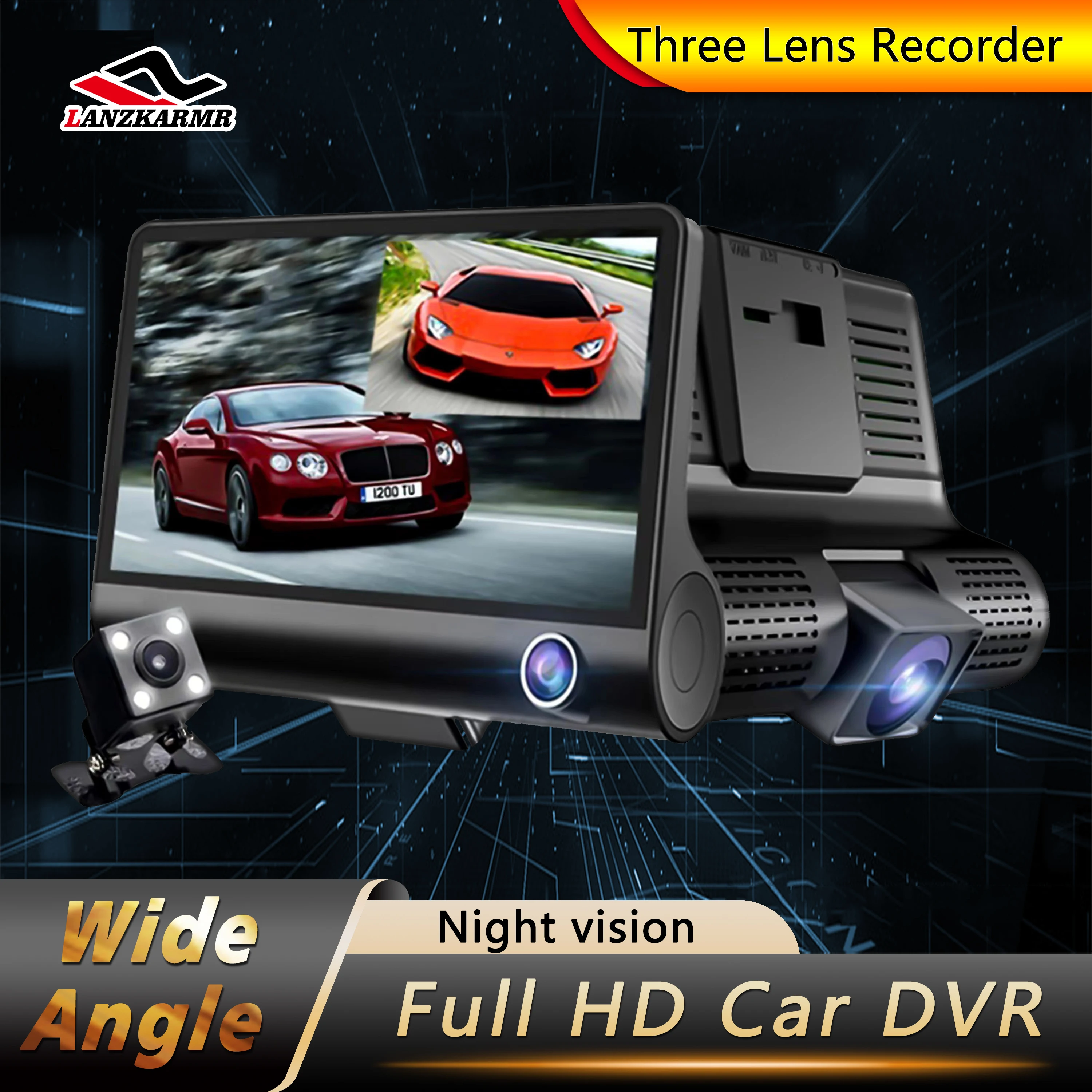 

Автомобильный видеорегистратор Full HD 1080P с двумя объективами, видеорегистратор с 3 камерами, 4,3-дюймовый автомобильный ЖК-дисплей, устройство...
