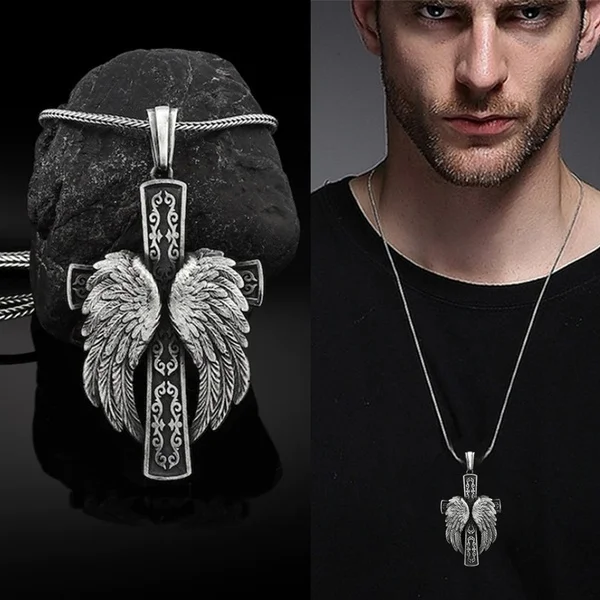 

Mens Vintage Hip Hop Angel Cross Necklace Embossed Catholic Pendant with Cross Feather Cheap Wholesale Jewelry Prayer Faith Gift