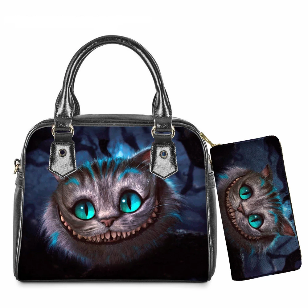 

Женская кожаная сумка через плечо с принтом Чеширского кота, мы все сумасшедшие здесь, кошелек, Женская Повседневная сумка с верхней ручкой, Набор сумок через плечо