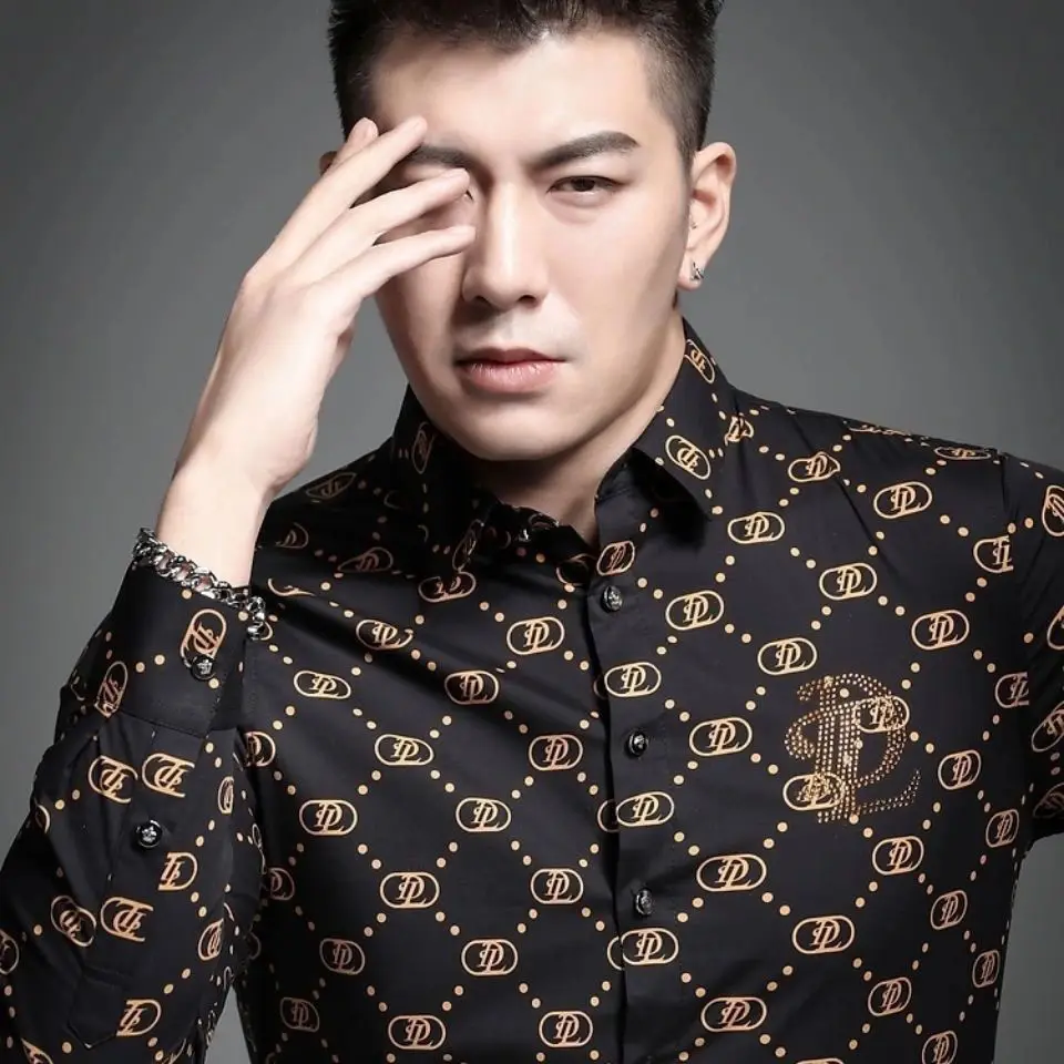 Men's Long Sleeve Shirt Spring Summer Casual Personalized Shirt Trend Slim Advanced Lattice New Men's Clothing