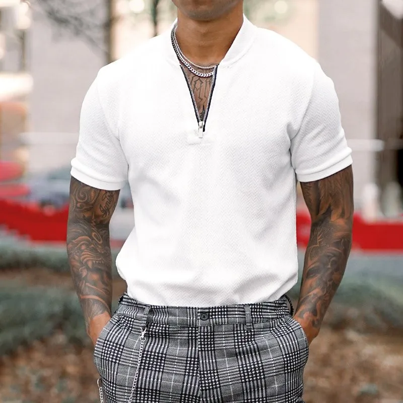

Men's Short Sleeve T-Shirts 2023 Summer Newest Zip V-neck POLO T-Shirt Male Casual Tights Tops Solid Color Streetwear