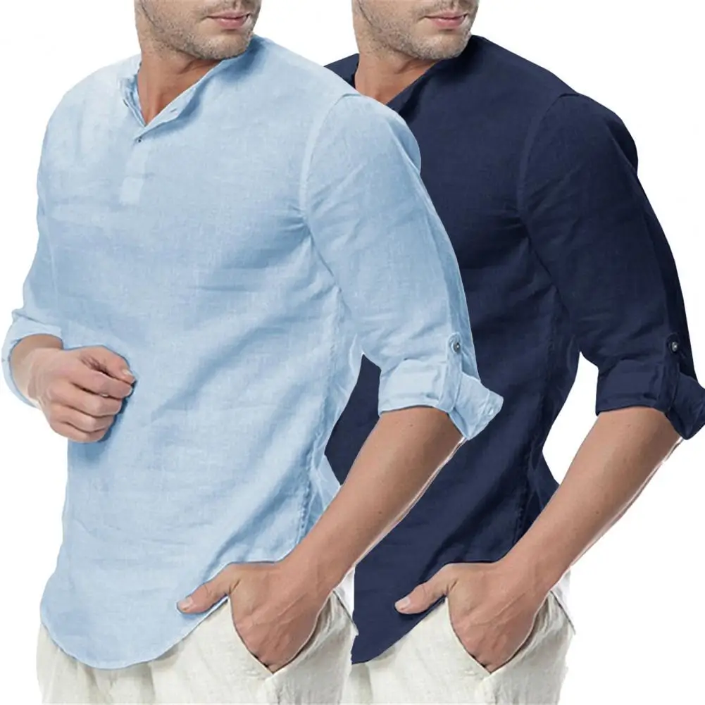 

Comfortable Men Shirt Solid Color Breathable Artificial Cotton Flax Middle Sleeve Long Men Pullover Top for Daily