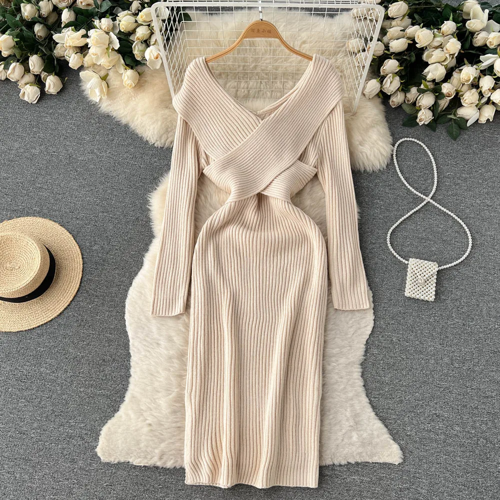 

Женское трикотажное платье макси, облегающее платье с отложным воротником и оборками, платье в рубчик с высокой талией и V-образным вырезом, ...