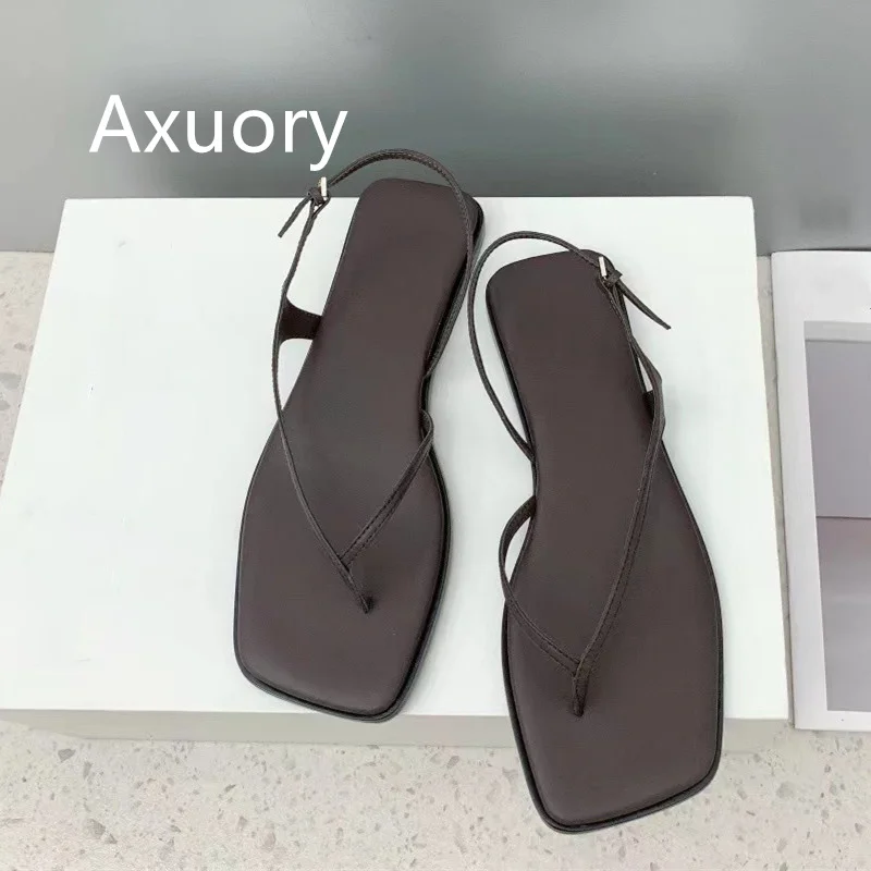 2023 New The Sandals Genuine Leather Flip-flops Retro Style Solid Color Square head Top Quality Summer Wear High Quality