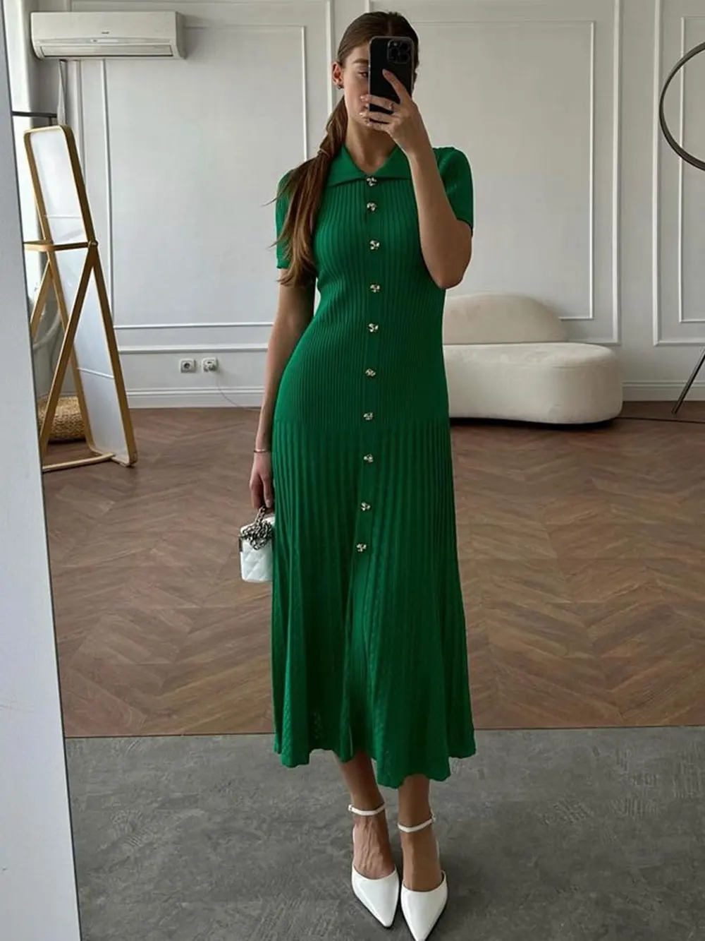 Женское Повседневное трикотажное платье с отложным воротником облегающее