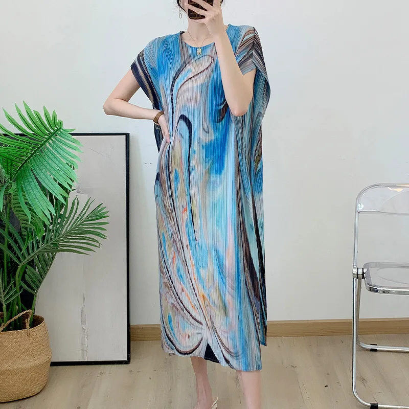 

Pleated Summer New Printed round Neck Dress Wide Lady Temperament Slimming Vacation Style Dress Pleated Women [Ys22508]