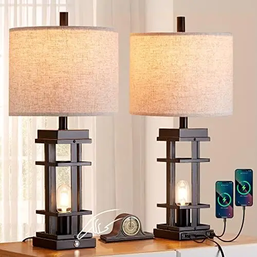 

of 2 Modern Bedside Lamps, 3 Way Dimmable Rustic Touch Table Lamp with Dual USB Ports, Vintage Farmhouse Table Lamps for Living