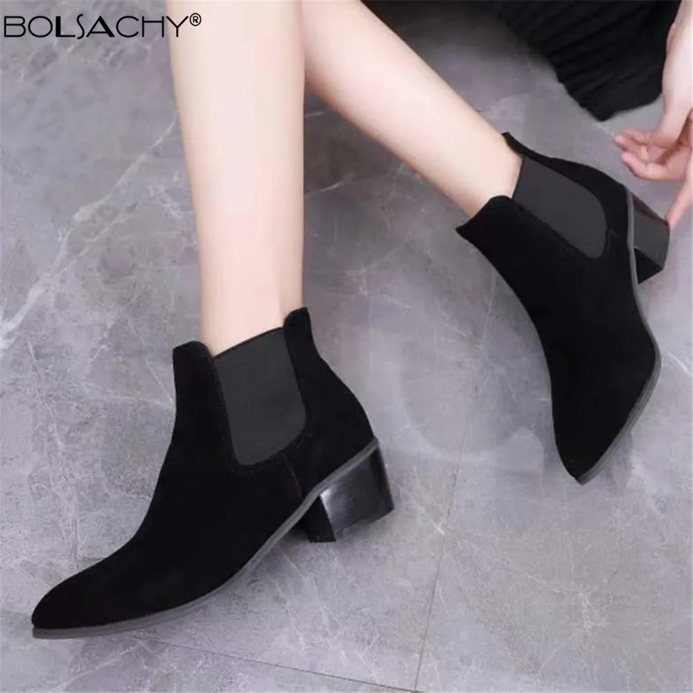 

Women Flock Suede Slip-on Flats Autumn Winter Ankle Boots Pointed Toe Casual Short Chelsea Boots Shoes Hot Black Khaki Red Brown