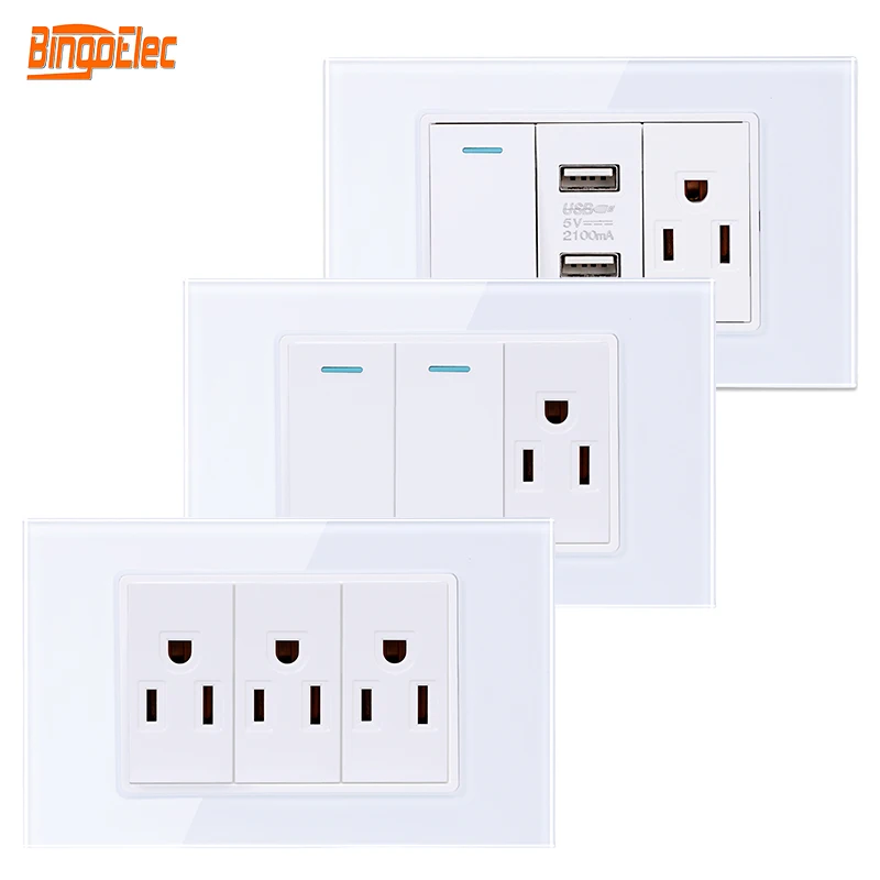 

Bingoelec Electric Power Wall Socket Double/Triple 2/3 Pole Glass Panel Outlets US Modular Mounted Dual USB Mexico Standard