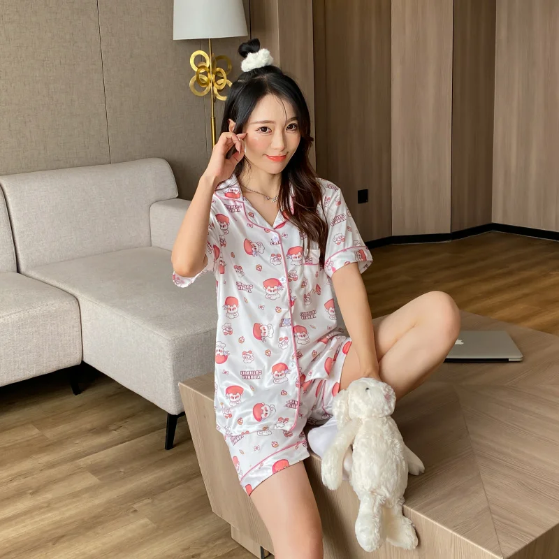 Pajamas female lapel cardigan short set lovely sweet wind student home suit can be worn outside