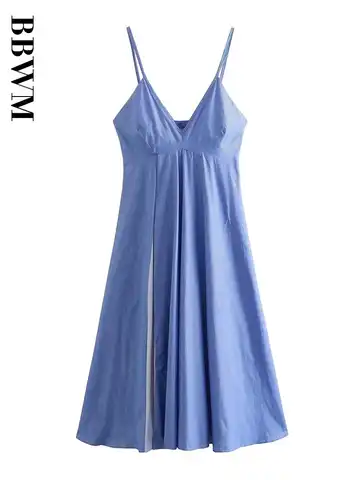 Striped Poplin Woman Strap Midi Dress Women Summer Backless Sexy Split Dresses 2023 V Neck Vintage Sleeveless Female Dresses