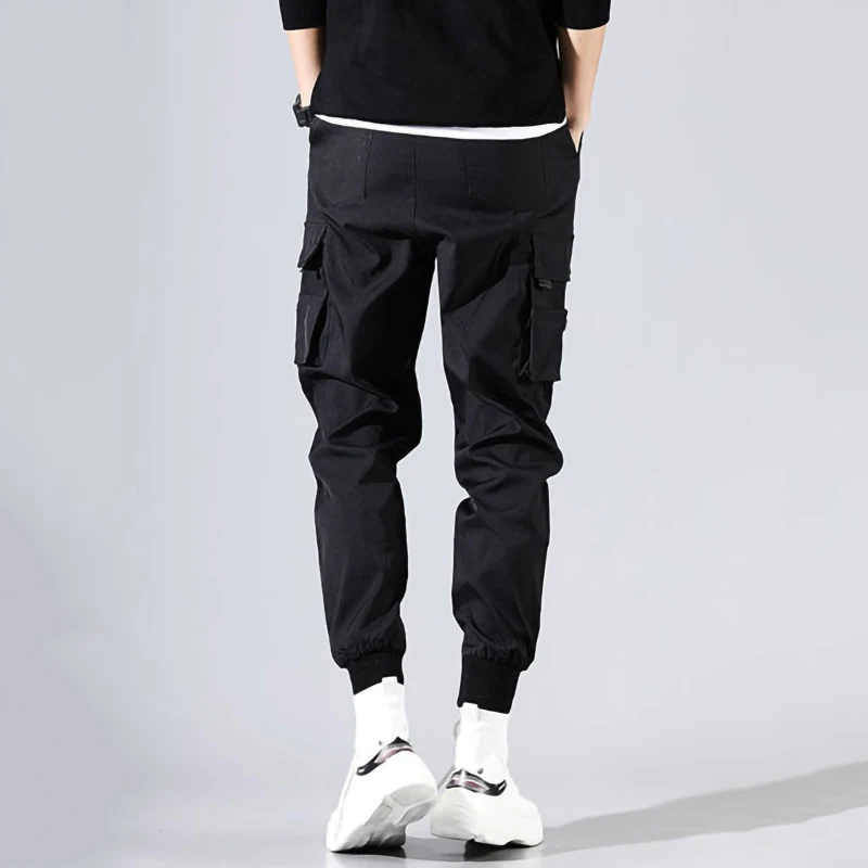 Cargo Pants Men Solid Color Black Loose Casual Jogger Pocket Elastic waist Ankle Length Trousers Techwear